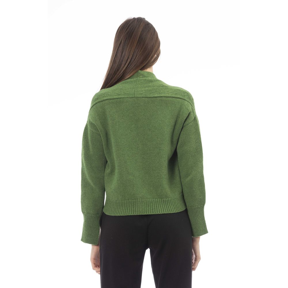 Back view of Alpha Studio Green Merino Wool Women Cardigan featuring ribbed design on cuffs and collar.