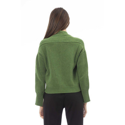 Back view of Alpha Studio Green Merino Wool Women Cardigan featuring ribbed design on cuffs and collar.