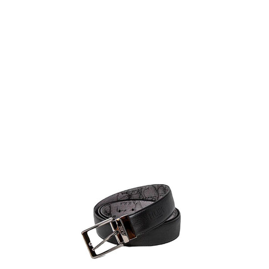 Alviero Martini Prima Classe Black Leather Regular Belt with geographic print and silver buckle.