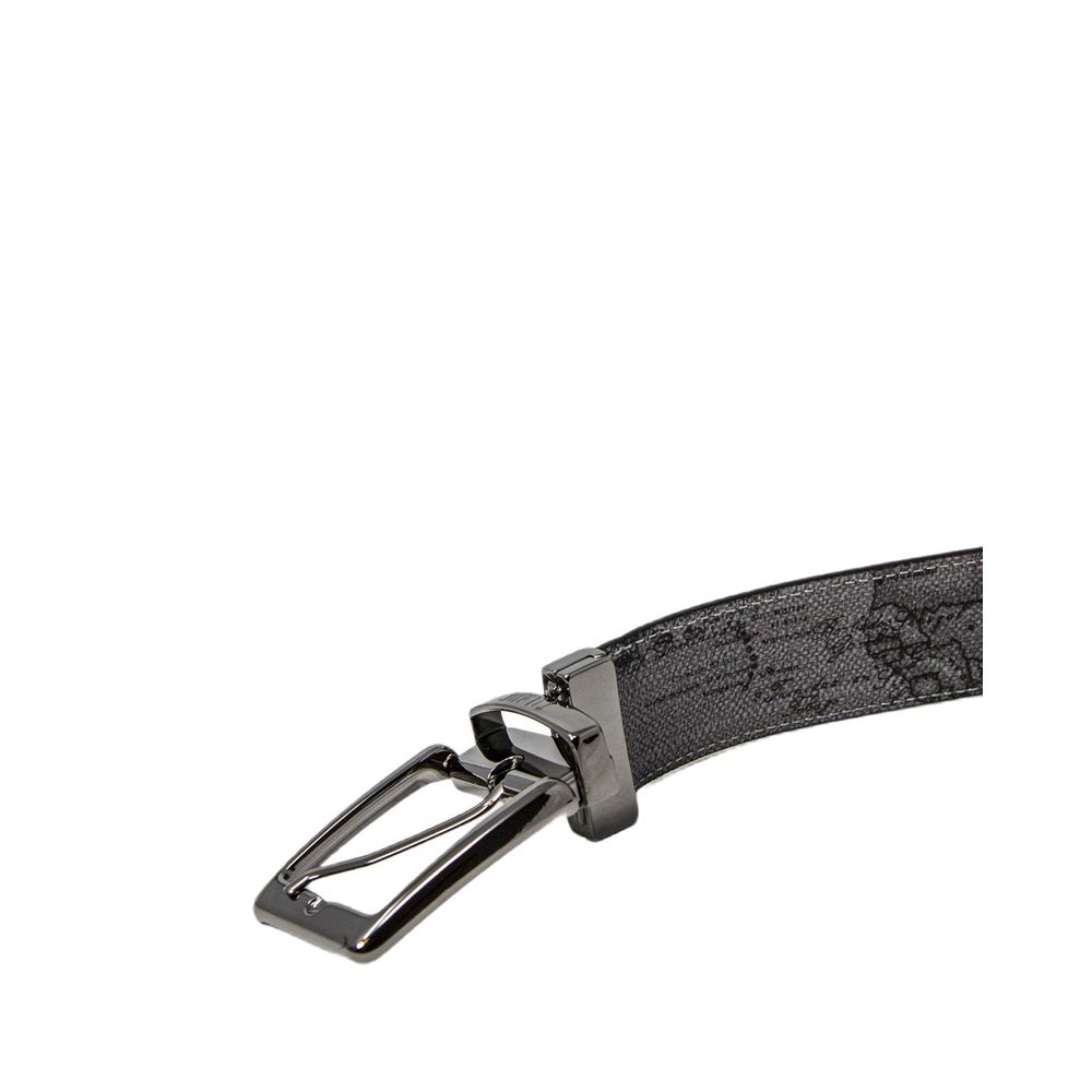 Alviero Martini Prima Classe Black Leather Regular Belt with signature geographic print, shown from side angle, featuring metallic buckle.
