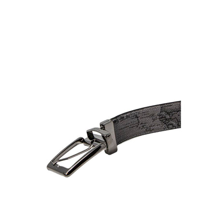 Alviero Martini Prima Classe Black Leather Regular Belt with signature geographic print, shown from side angle, featuring metallic buckle.