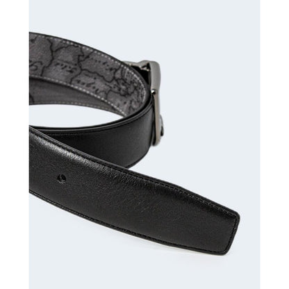 Alviero Martini Prima Classe Black Leather Regular Belt with iconic geographic print inner lining, model A485 5400 for men.