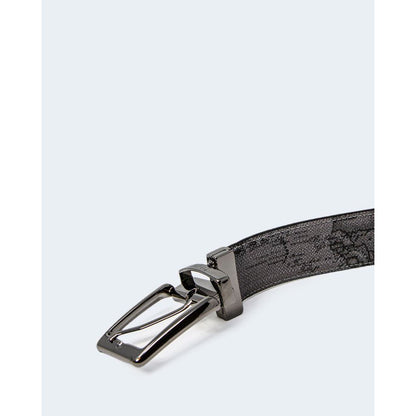 Alviero Martini Prima Classe Black Leather Regular Belt with geographic print lining, metal buckle design, perfect for elegant and casual outfits.