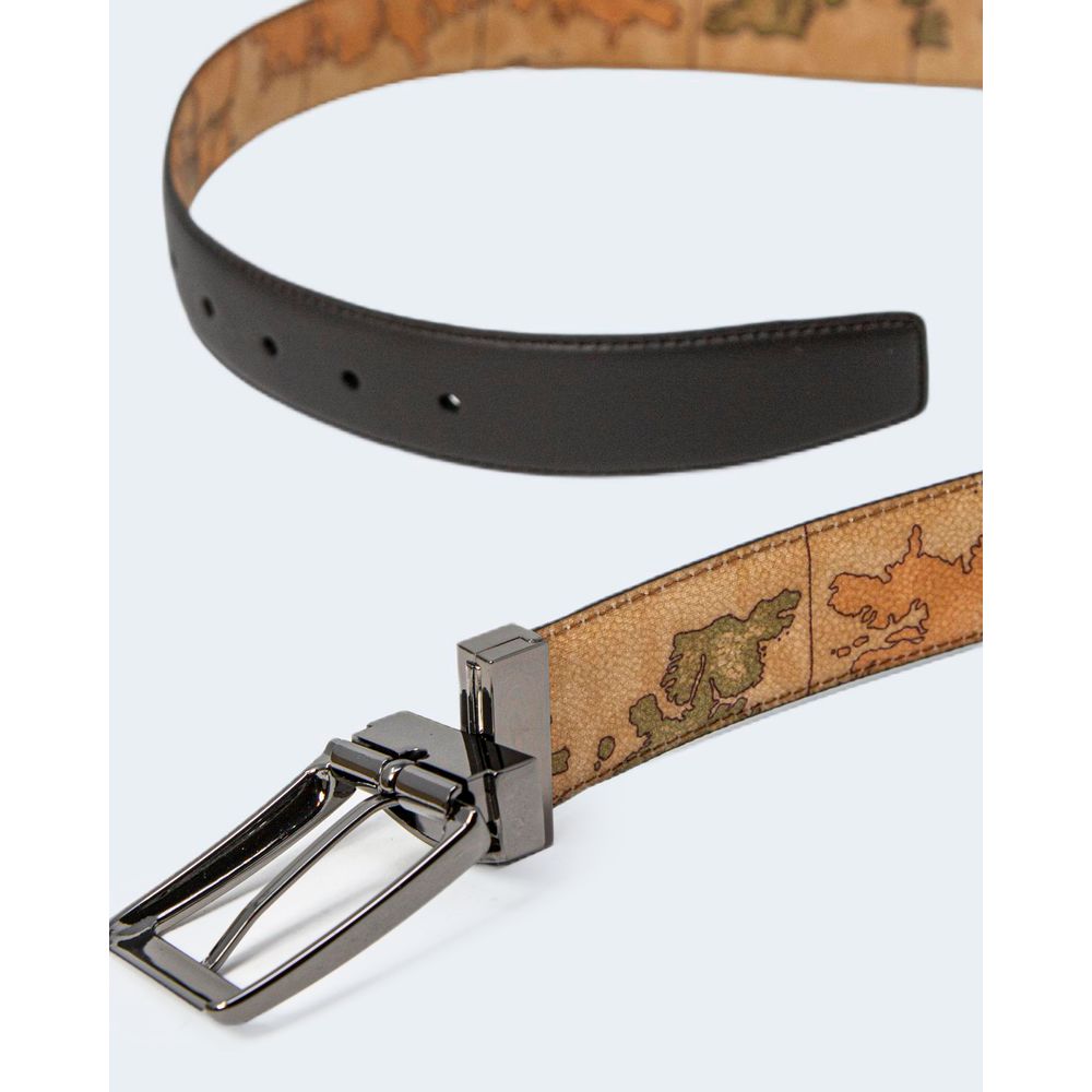 Alviero Martini Prima Classe Brown Leather Regular Belt with map design interior, stylish and durable men's fashion accessory.