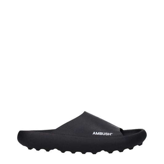 Ambush Black Cotton Slippers with rubber sole, side logo, and open toe design by Ambush. Product code: F79692.