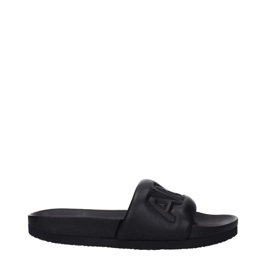 Alt Tag: Ambush Black Leather Slippers with open toe design and rubber sole, featuring front logo, style street, MPN BMIC001LEA0011000.