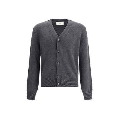 Ami Paris Gray Cashmere Cardigan with button closure and embroidered logo, featuring ribbed cuffs and hem for a refined design.