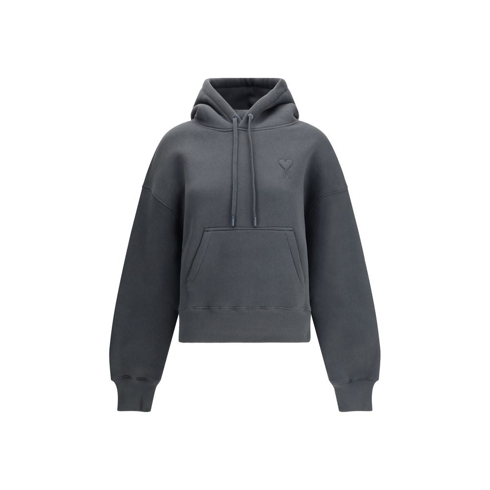 Ami Paris Gray Cotton Sweatshirt with hood, kangaroo pocket, and embroidered logo, featuring a modern design, 69% cotton, 31% polyester.