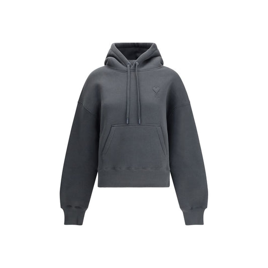 Ami Paris Gray Cotton Sweatshirt with hood, kangaroo pocket, and embroidered logo, featuring a modern design, 69% cotton, 31% polyester.