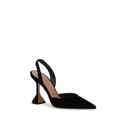 Amina Muaddi Black Rubber High Heel Pumps with velvet finish, pointed toe, and sculpted heel for a modern touch.