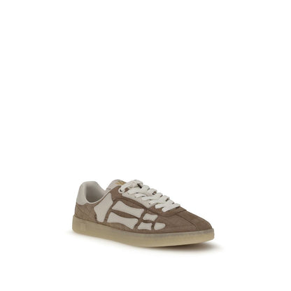 Amiri Beige Calf Leather Bos Taurus Athletic Sneakers with croc debossed design and leather bone appliqués on rubber sole.