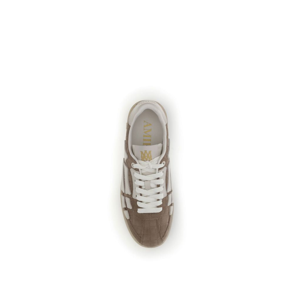 Top view of Amiri Beige Calf Leather Bos Taurus Athletic Sneakers with suede croc effect and MA motif on rubber sole.