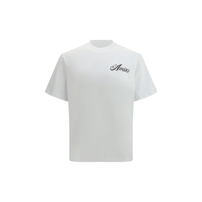 Amiri White Cotton T-Shirt with logo on chest and mountain artwork on back, featuring round neckline and short sleeves, tonal stitching.
