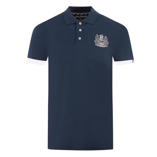 Aquascutum Blue Cotton Polo Shirt with contrasting front logo, logo in collar, and three-button design.