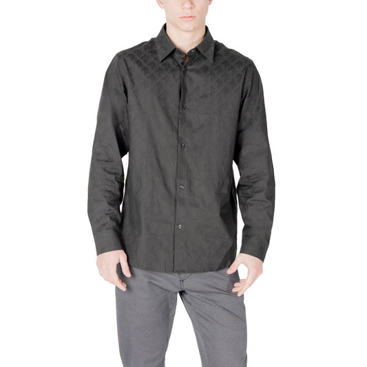 Model wearing Armani Exchange Black Cotton Dress Shirt with long sleeves and elegant design.