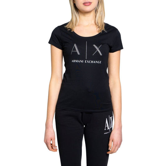 Woman wearing Armani Exchange Black Cotton T-Shirt with logo, ideal for casual-chic style, made of 100% cotton, short sleeves. Model 8NYT83 YJ16Z.
