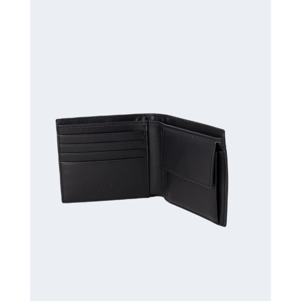 Armani Exchange Black Leather Wallet with coin pocket, made of 100% bovine leather, showcasing elegant and functional design for men.