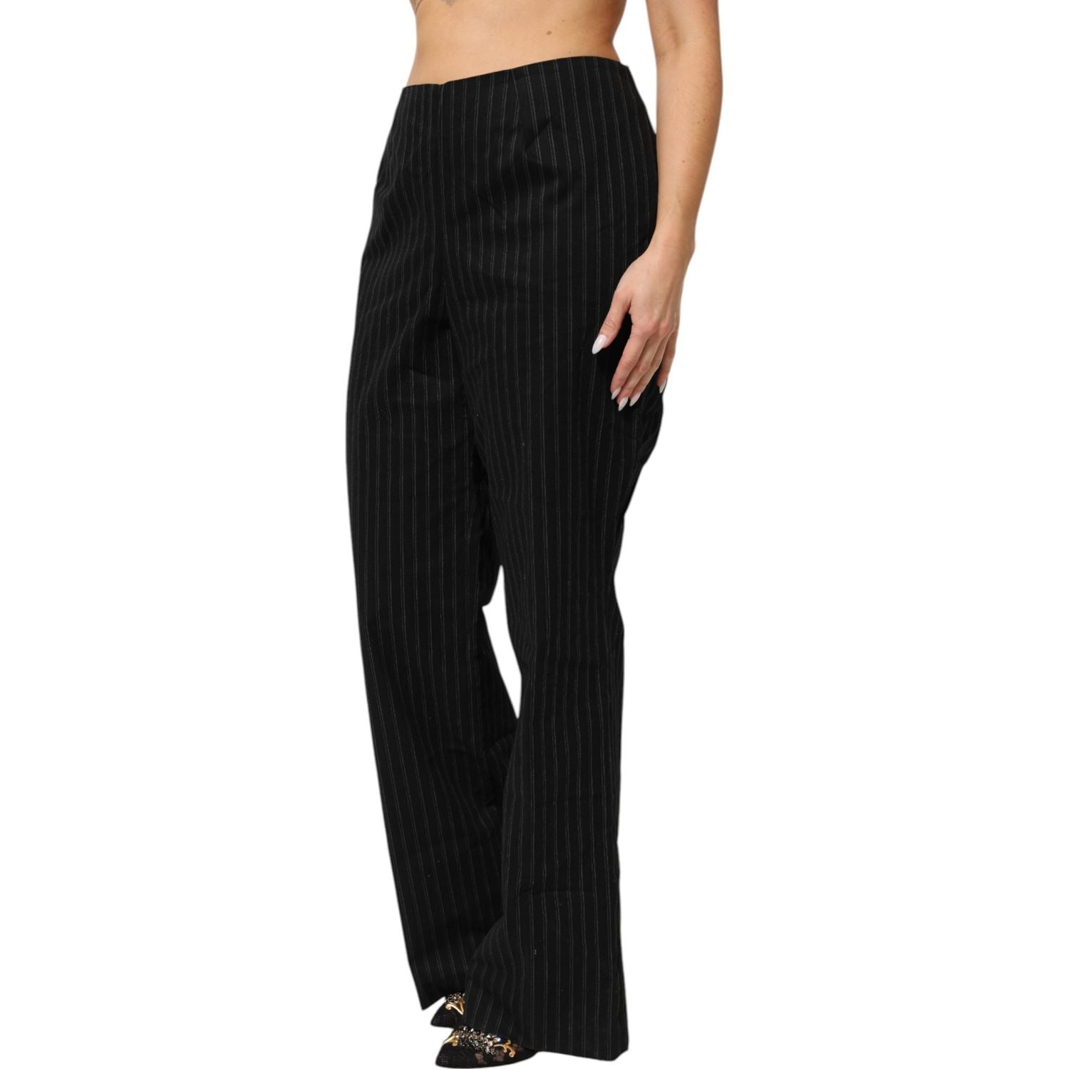 BENCIVENGA Black Wool Blend Pinstripe Straight Leg Pants