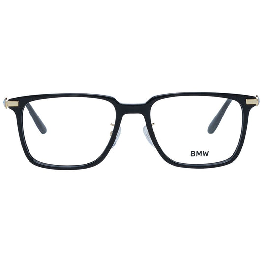 BMW Black Men Glasses Frame, rectangle, full-rim design with black metal and plastic frame, demo lenses, includes branded case.