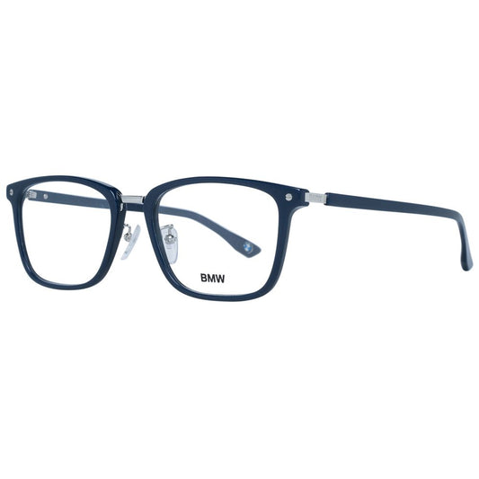 BMW Blue Men Glasses Frame, blue plastic full-rim with demo lenses, rectangle style, includes branded case, size 55-19-145.
