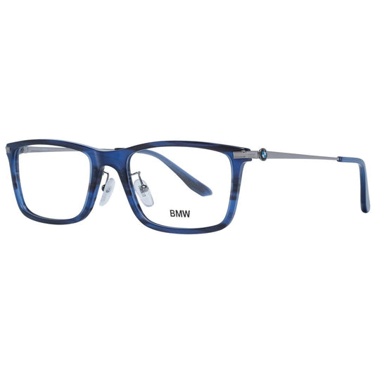 BMW Blue Men Optical Frames in blue metal & plastic trapezium style with full-rim and demo lenses, size 56-20-145.