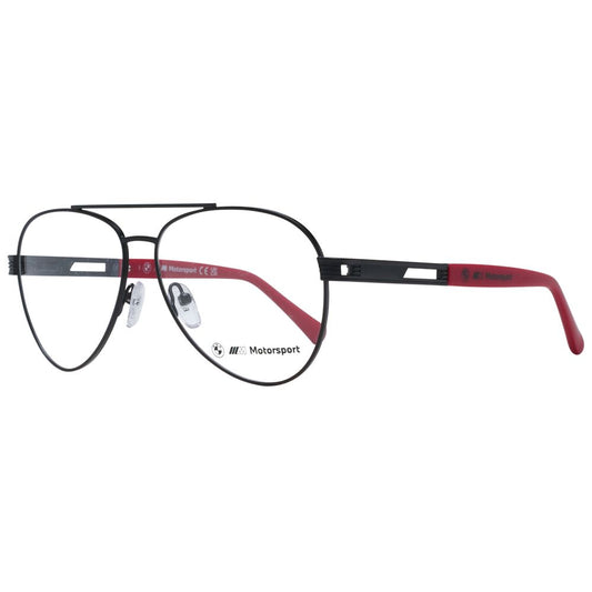 BMW Motorsport Black Men Glasses Frame in aviator style with full-rim metal structure, demo lenses, and spring hinge, includes branded case.