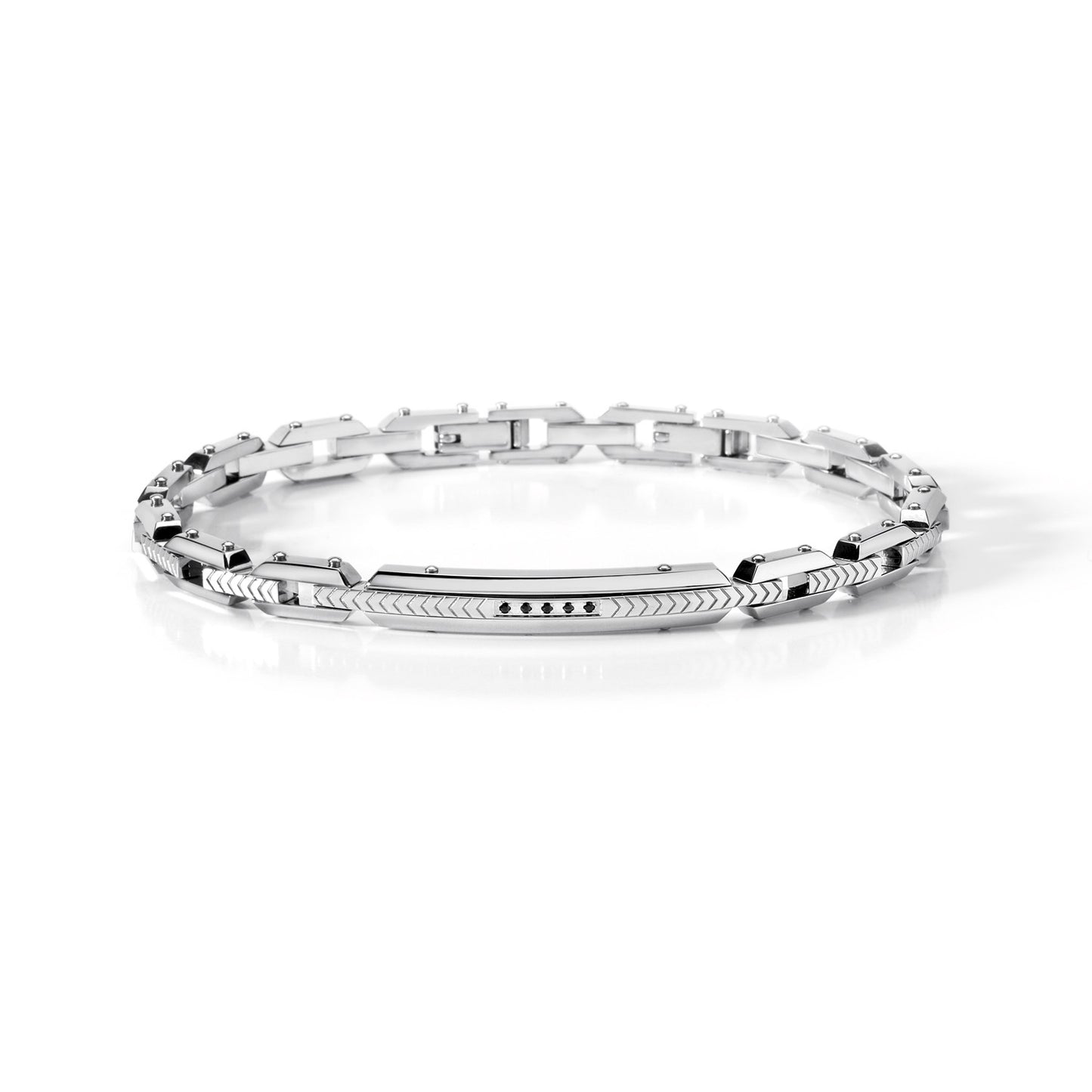 BRACCIALI COMETE MOD. UBR456 silver bracelet with intricate design and black accents on a white background.
