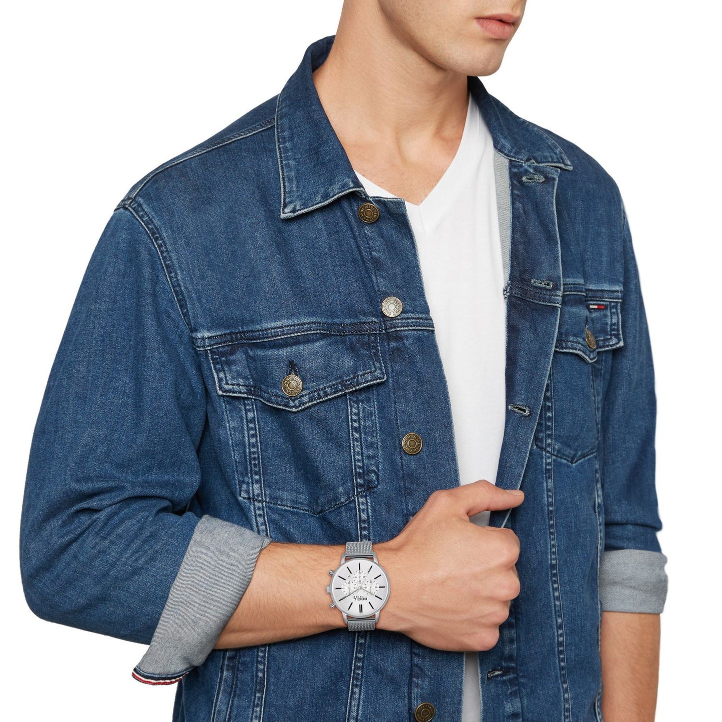 Gent wearing BREIL TRIBE Mod. EW0508 watch with quartz movement, 42 mm case, water resistant up to 3 ATM, shown with denim jacket.