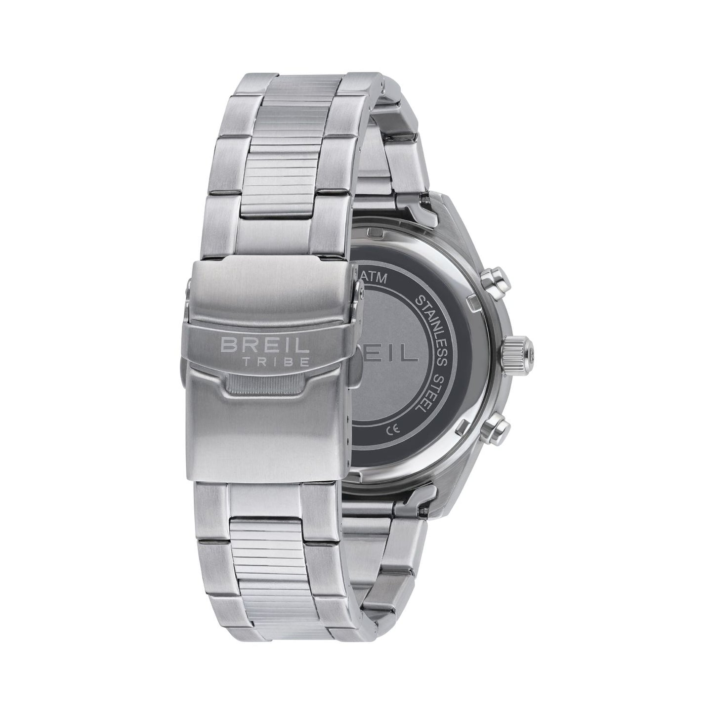 Back view of BREIL TRIBE Mod. EW0570 watch with stainless steel bracelet, quartz analog movement, and 10 ATM water resistance.