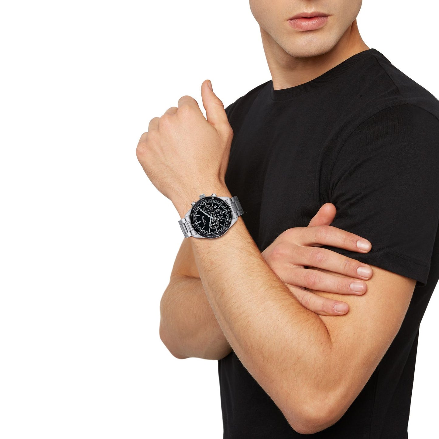 Man wearing BREIL TRIBE Mod. EW0570 watch with quartz movement and 42mm case, black dial, displaying on wrist while crossing arms.