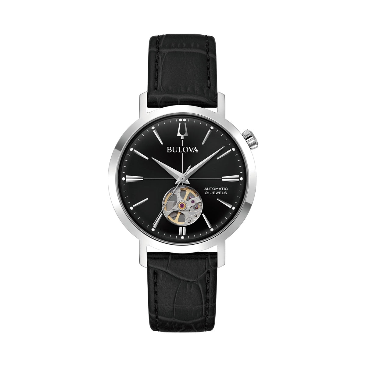 BULOVA Mod. AEROJET AUTOMATIC watch with black dial and leather strap, showcasing a sleek and modern design.