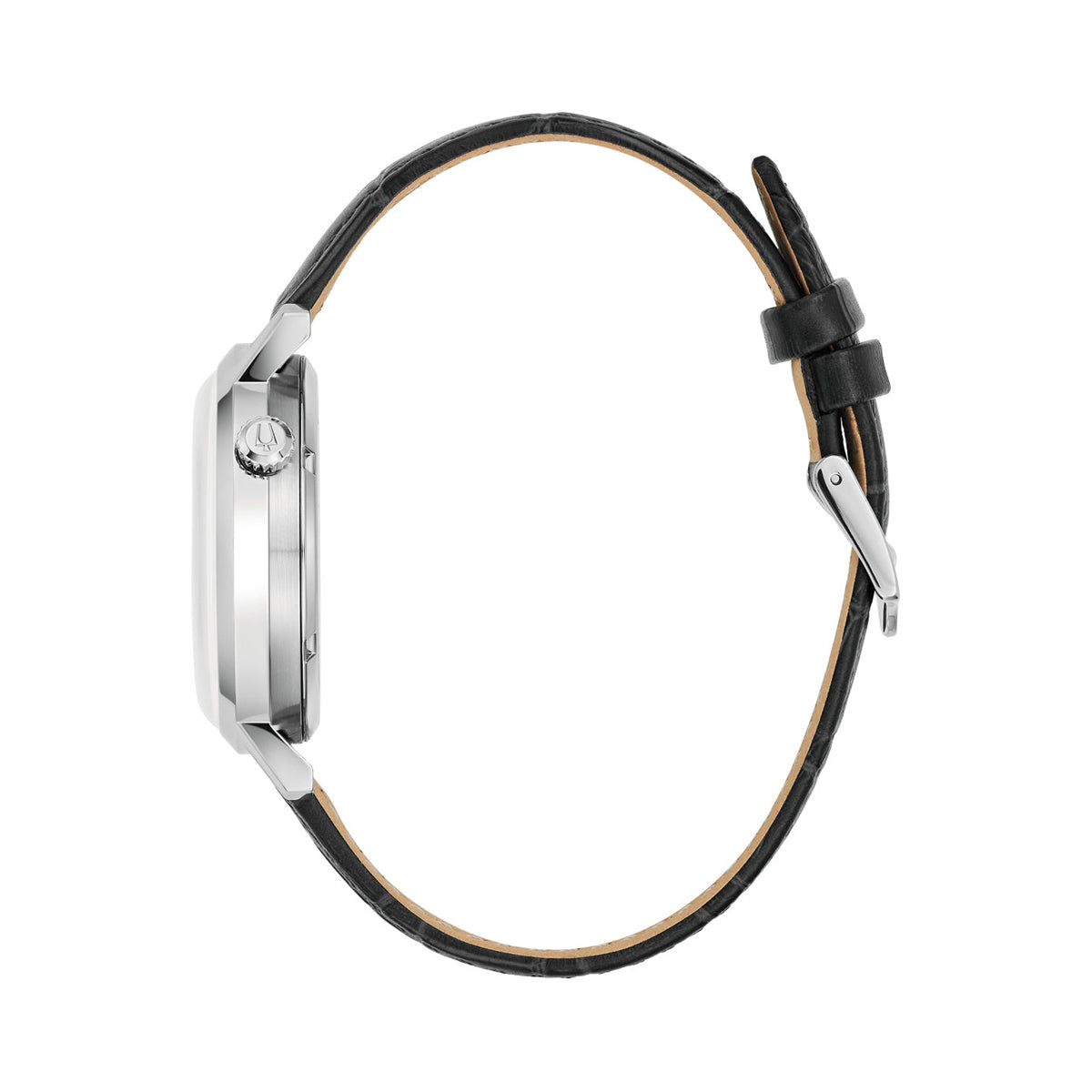 Side view of BULOVA Mod. AEROJET AUTOMATIC watch with black leather strap.