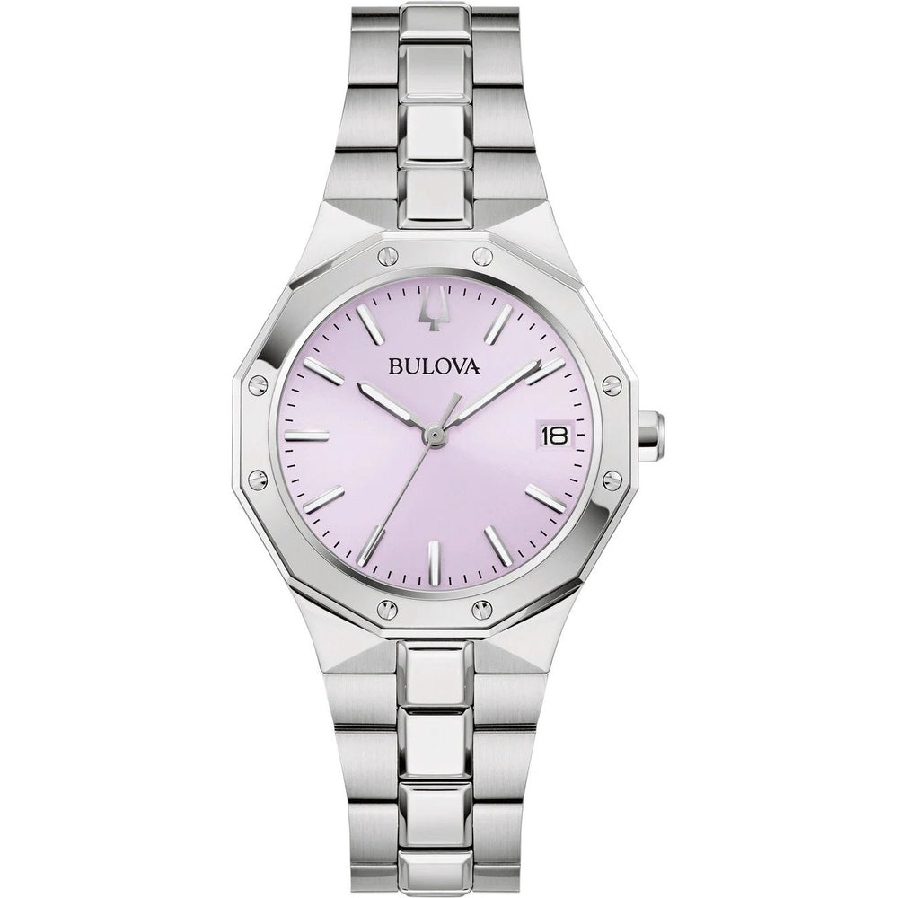 BULOVA Mod. OCTAGON silver watch with light pink dial and stainless steel bracelet, elegant timepiece design.