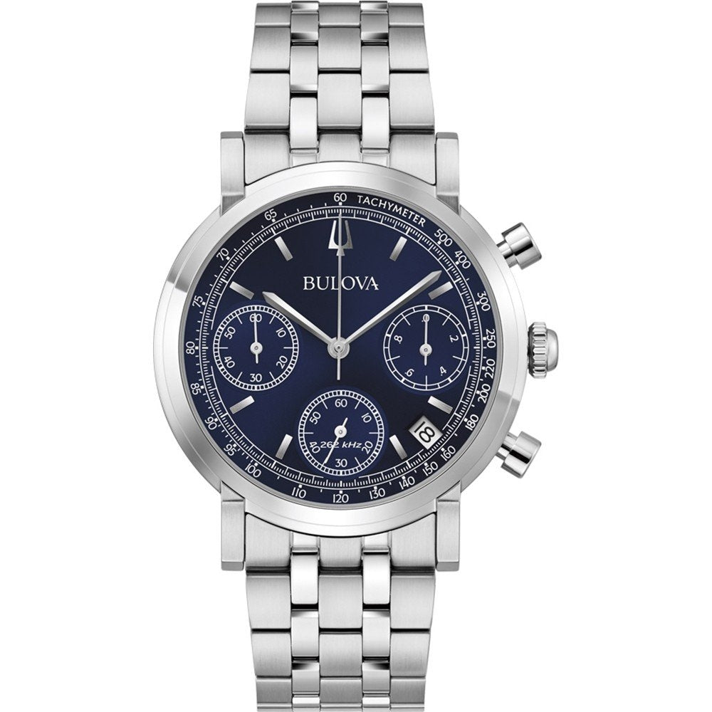 Alt Tag: BULOVA Mod. PRECISIONIST luxury watch with stainless steel bracelet and blue dial, showcasing tachymeter and chronograph features.