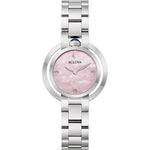 BULOVA Mod. RUBAIYAT women's watch with pink dial, silver band, and crystal accents.