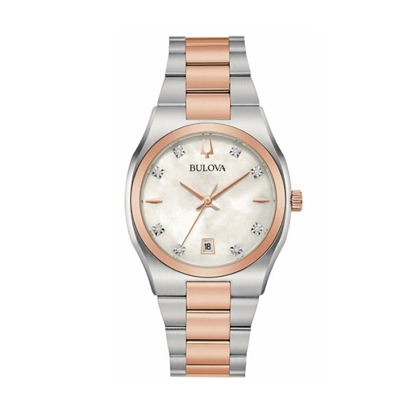 BULOVA Mod. SURVEYOR watch with silver and rose gold tones, featuring a sleek design and date display.