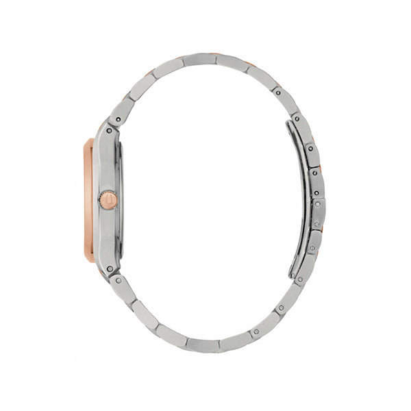 Side view of BULOVA Mod. SURVEYOR watch showcasing its sleek design and elegant metal band.
