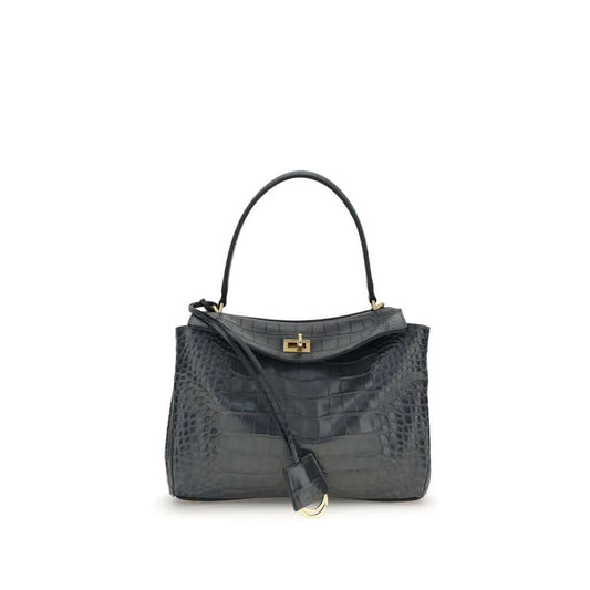 Balenciaga Black Calf Leather Bos Taurus Shoulder Bag with crocodile-print and turn lock closure.