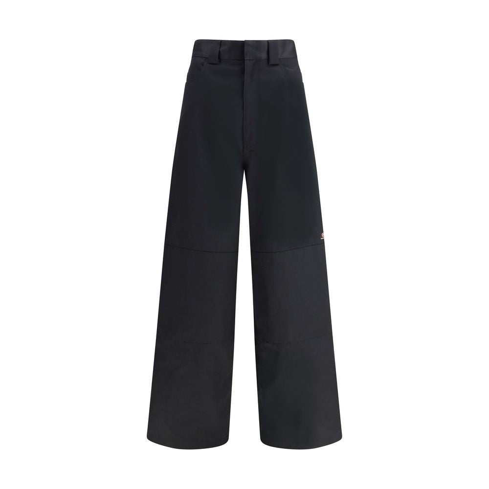 Balenciaga Black Cotton Casual Pants with utility workwear style, featuring front slit pockets, welt pockets, and riveted pocket on thigh.