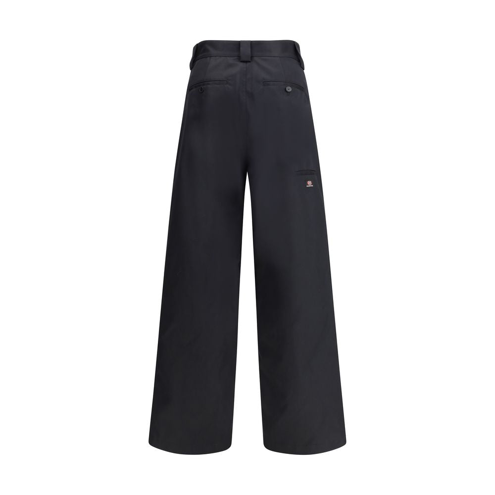 Balenciaga Black Cotton Casual Pants, featuring workwear style, zipper flap, belt loops, slit and welt pockets, cotton twill material.