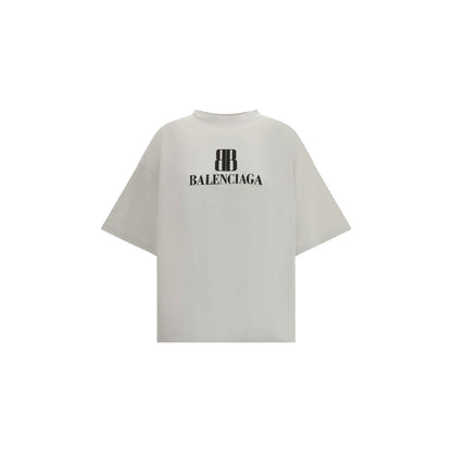 Balenciaga Gray Cotton T-Shirt with logo print, oversized fit, ribbed crew neck, dropped shoulders, 100% cotton, casual wear.