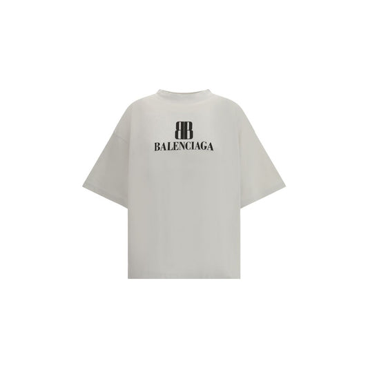 Balenciaga Gray Cotton T-Shirt with logo print, oversized fit, ribbed crew neck, dropped shoulders, 100% cotton, casual wear.