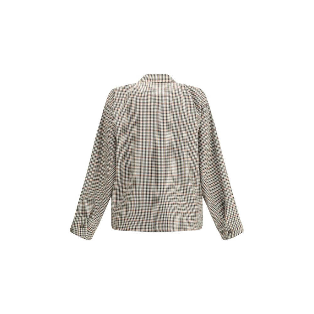 Back view of Balenciaga Multicolor Cotton Coat featuring checked flannel, overshirt design, and embroidered logo for AW25 season.
