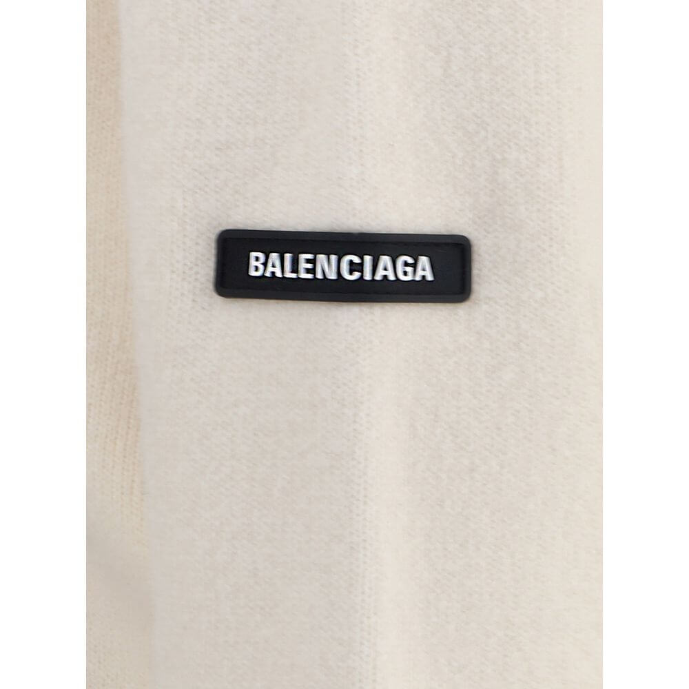 Close-up of logo patch on Balenciaga White Wool Sweatshirt made from fine virgin wool