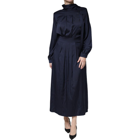 Ballantyne Dark Blue Long Sleeves Pleated A-line Maxi Dress DR81484-40