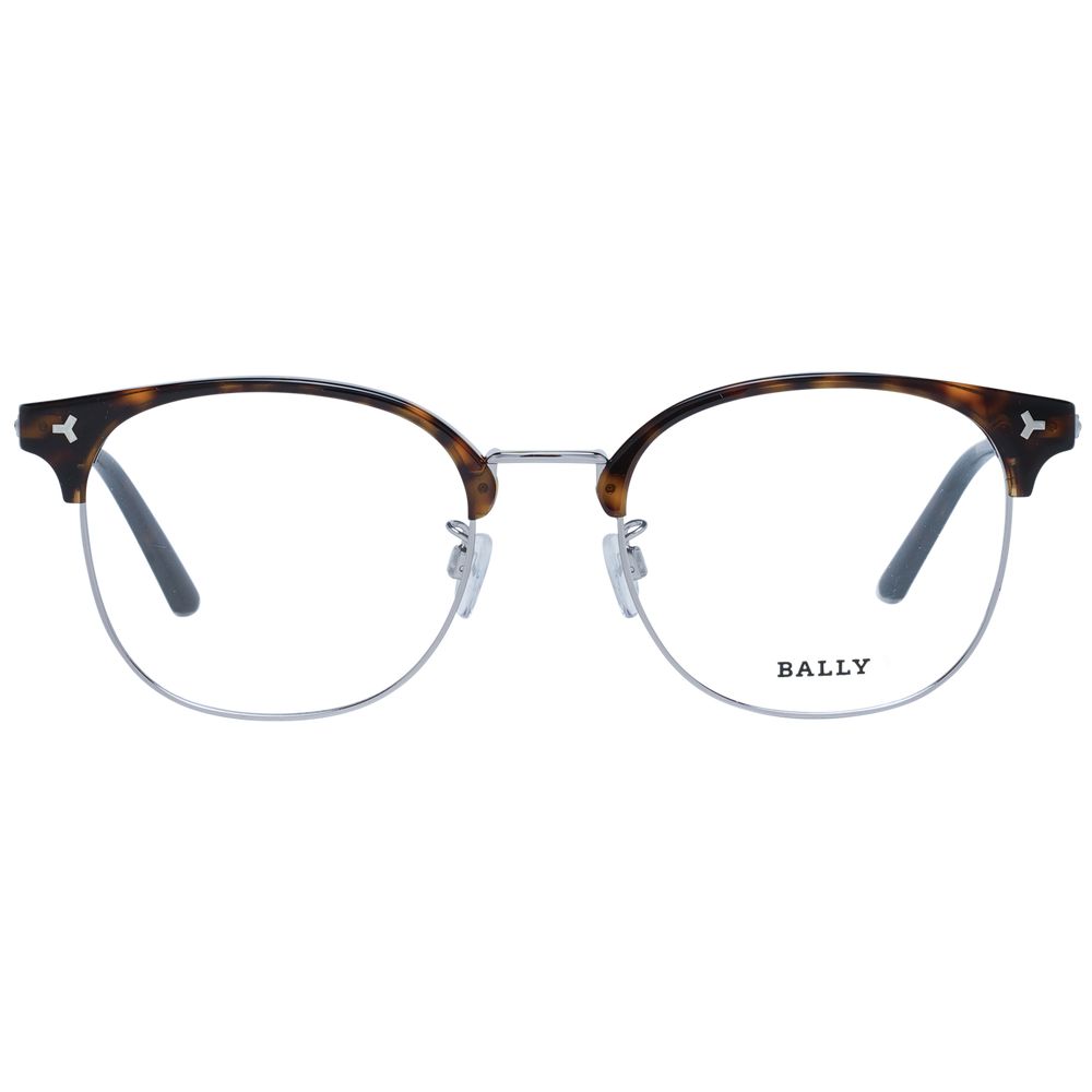 Bally Brown Men Glasses Frame, full-rim round design, metal material, brown color, demo lenses, frame width 150mm, temples length 145mm.