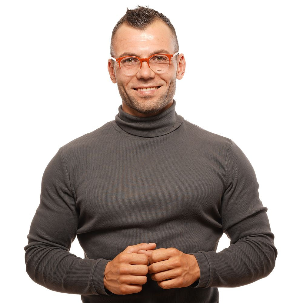 Alt Tag: Man wearing Bally Brown Unisex Glasses Frame with brown half-rim plastic frame, suitable for all genders, shown in a portrait pose.