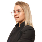 Woman wearing Bally Red Women Glasses Frame, full-rim trapezium style, metal & plastic material, with demo lenses.