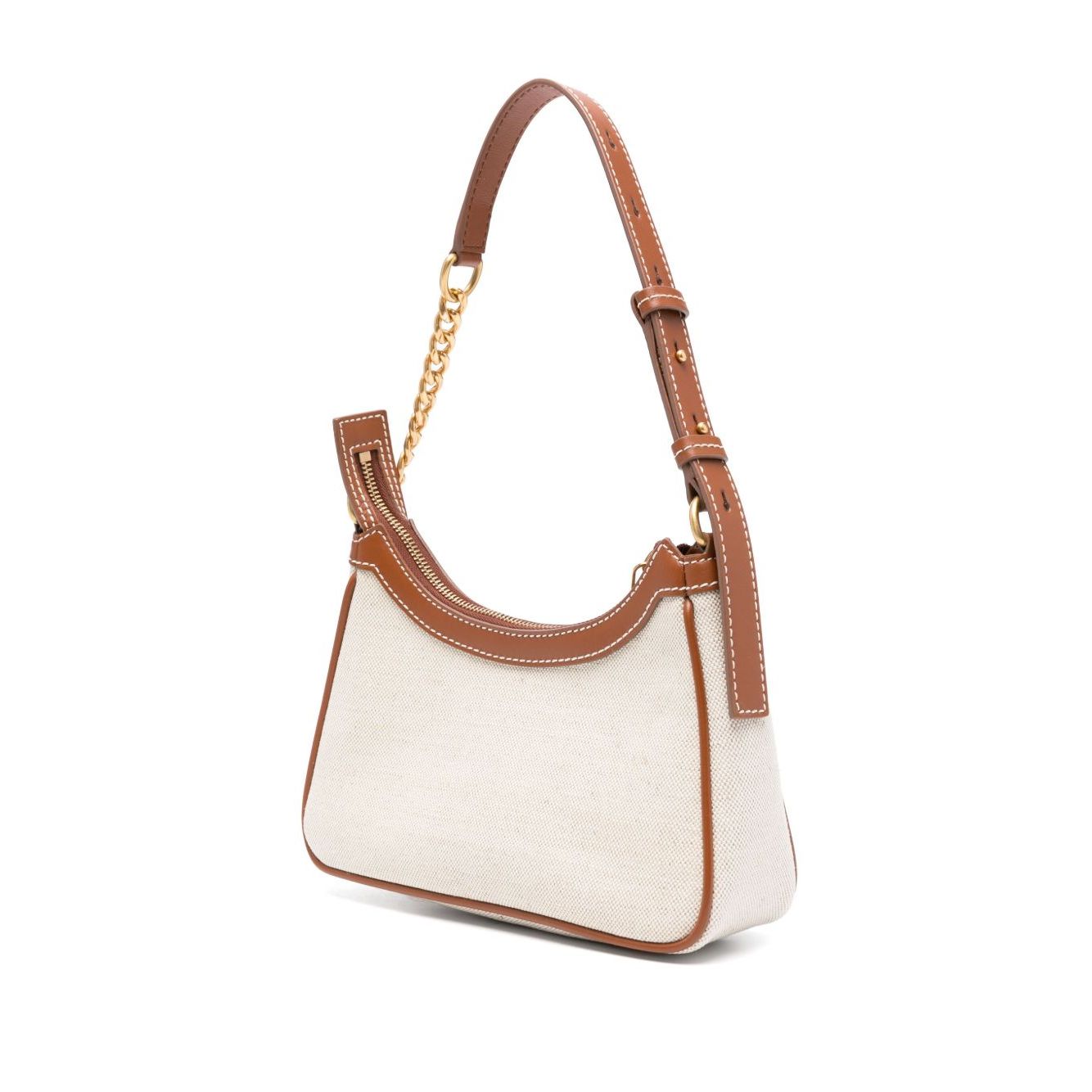 Balmain B-Army canvas shoulder bag in beige with detachable top handle and embroidered logo, showcasing elegant design and functionality.