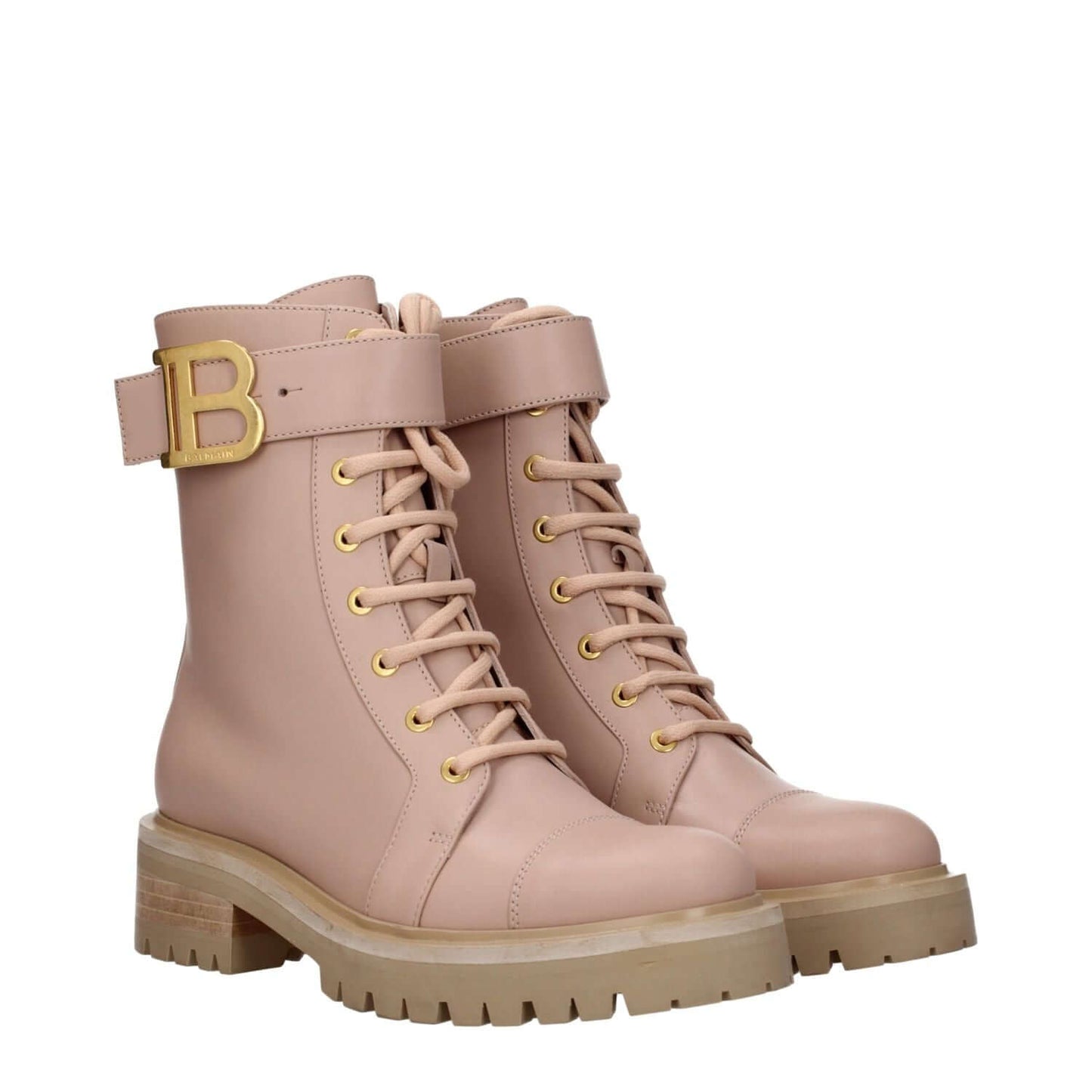 Balmain Beige Leather Ankle Boots with lace-up closure, side logo, rubber sole, mid heels, round toe. MPN TC502LVTO0AP.
